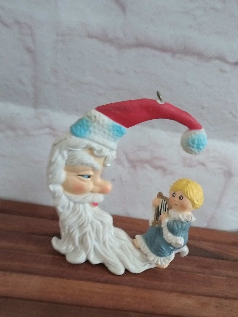 Santa Face Ornament with Child and Harp - Red, White, Blue Accents